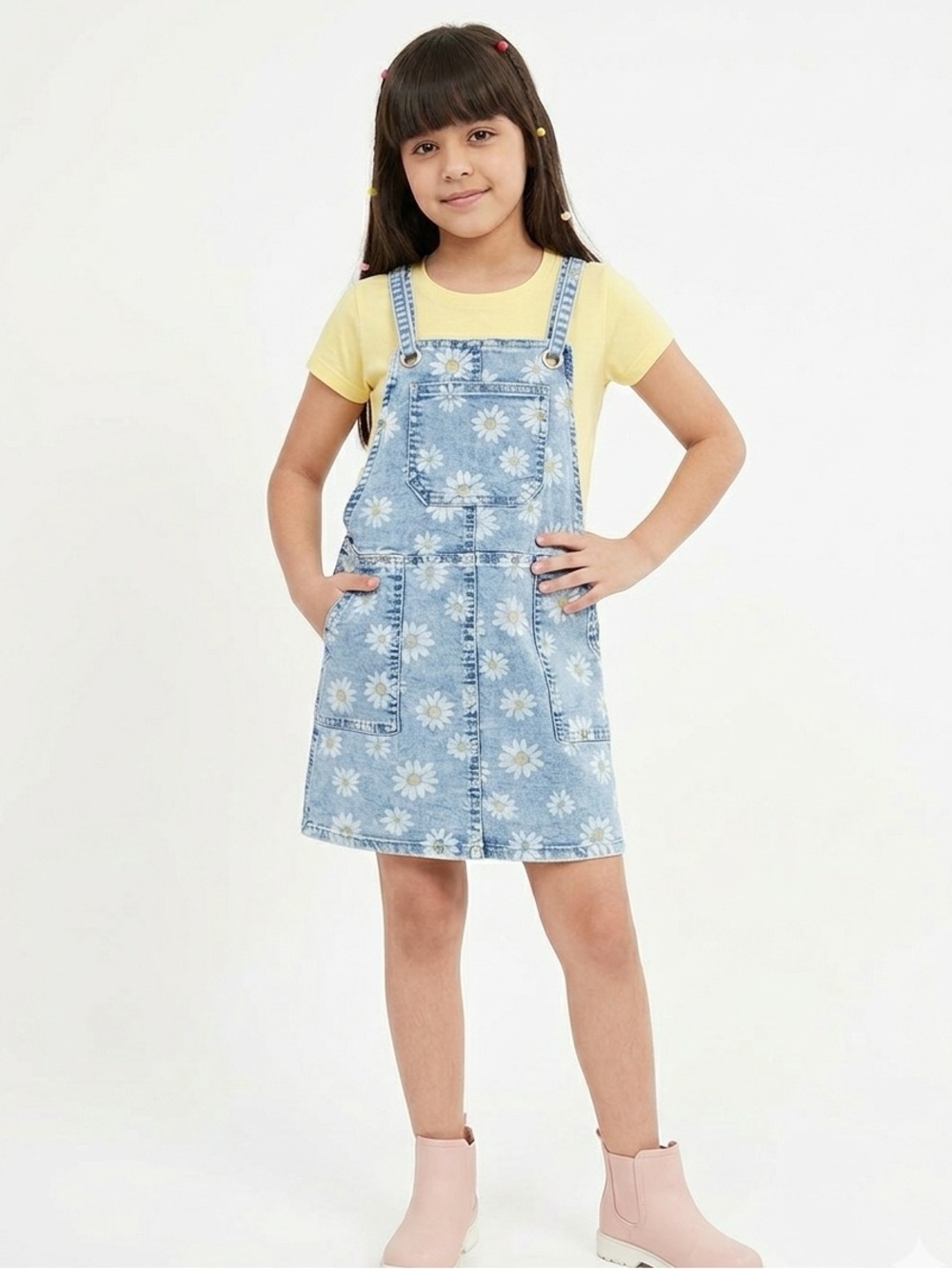 Cat & Jack Light Blue Daisy Denim Pinafore Dress - Girls S (6/7)